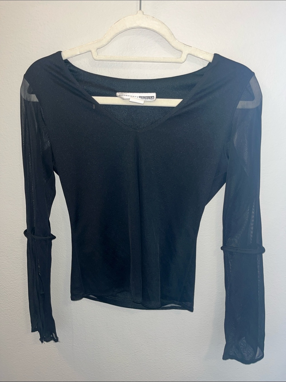 Y2K Black Double Layer V-Neck with Mesh Ling Sleeve Top Women XS/S